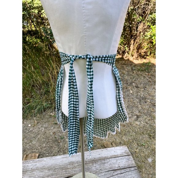 Vintage Half Apron Green Gingham Checked Smocked Apron Farmhouse - Picture 9 of 9
